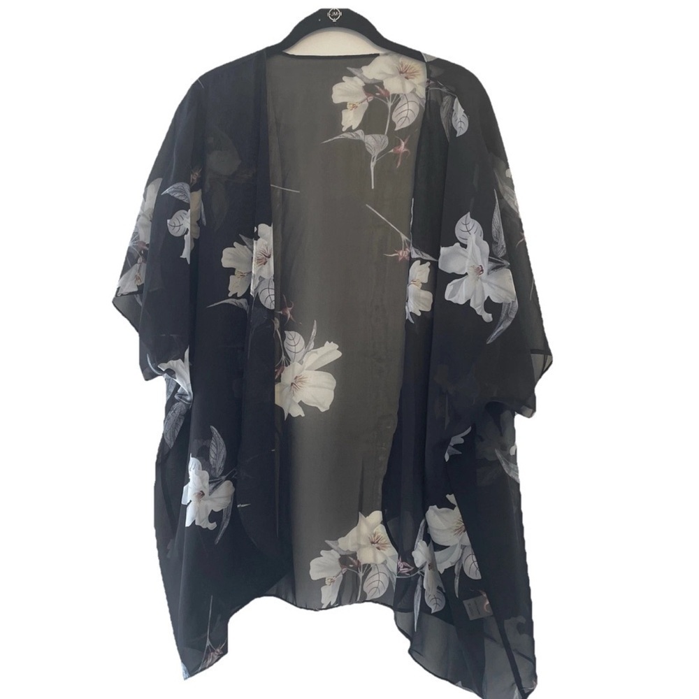 NWOT Kimono, Beach coverup Sheer Floral Open Topper 0/S black floral, - Picture 2 of 7